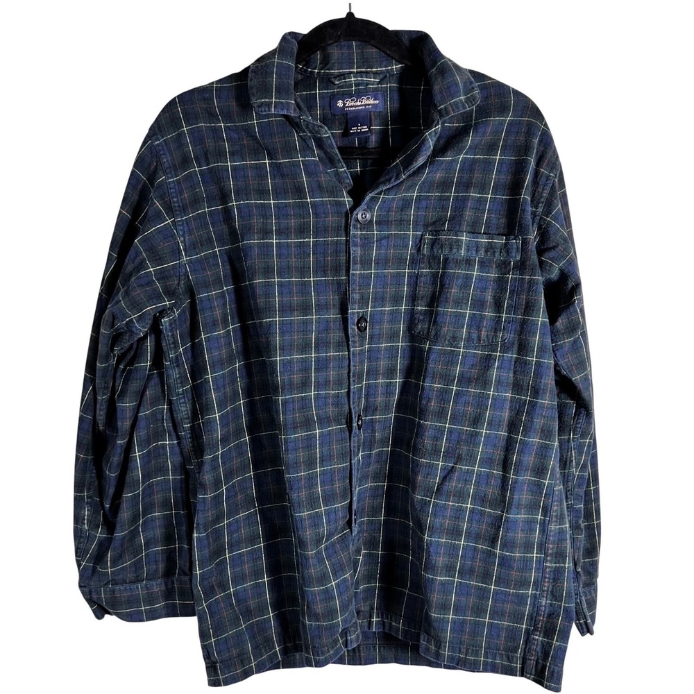 Brooks Brothers Men's Small Green Navy Plaid Flannel‎ Pajama Sleep Shirt Cotton